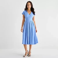 Danny & Nicole Womens Short Sleeve Midi Fit + Flare Dress