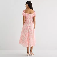 Melonie T Womens Short Sleeve Floral Midi Fit + Flare Dress