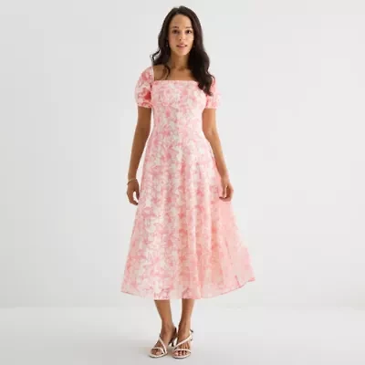 Melonie T Womens Short Sleeve Floral Midi Fit + Flare Dress