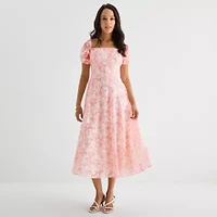 Melonie T Womens Short Sleeve Floral Midi Fit + Flare Dress