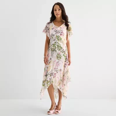 Robbie Bee Womens Short Sleeve Floral Midi Fit + Flare Dress