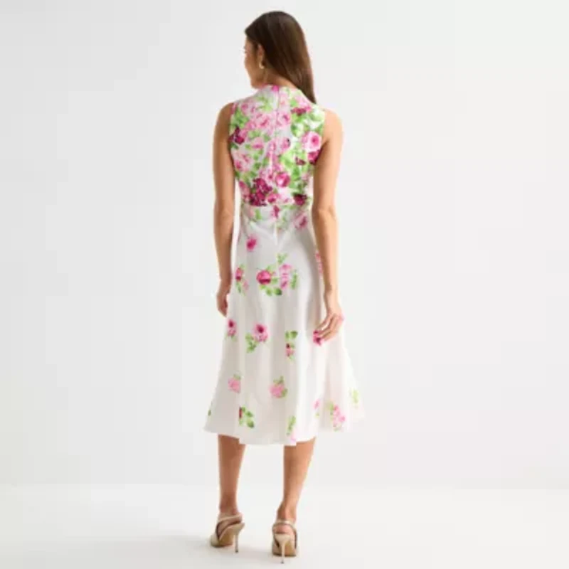 Perceptions Womens Sleeveless Floral Midi Fit + Flare Dress
