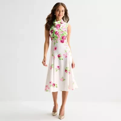 Perceptions Womens Sleeveless Floral Midi Fit + Flare Dress