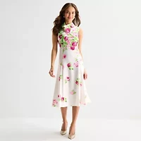 Perceptions Womens Sleeveless Floral Midi Fit + Flare Dress