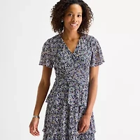 Perceptions Womens Short Sleeve Floral Shift Dress