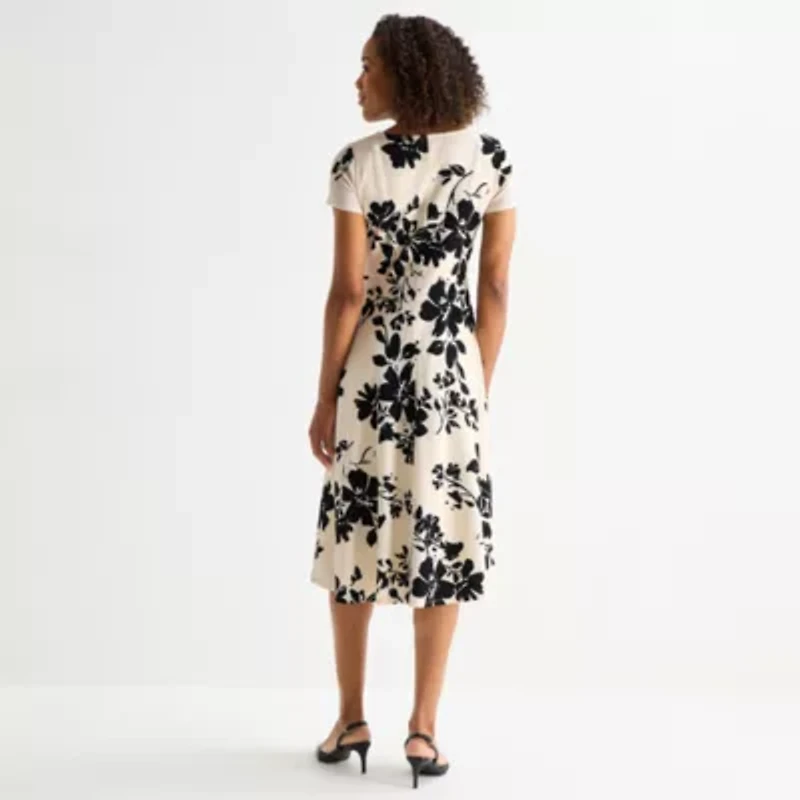 Perceptions Womens Short Sleeve Floral Midi Fit + Flare Dress
