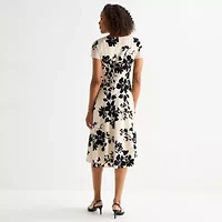 Perceptions Womens Short Sleeve Floral Midi Fit + Flare Dress