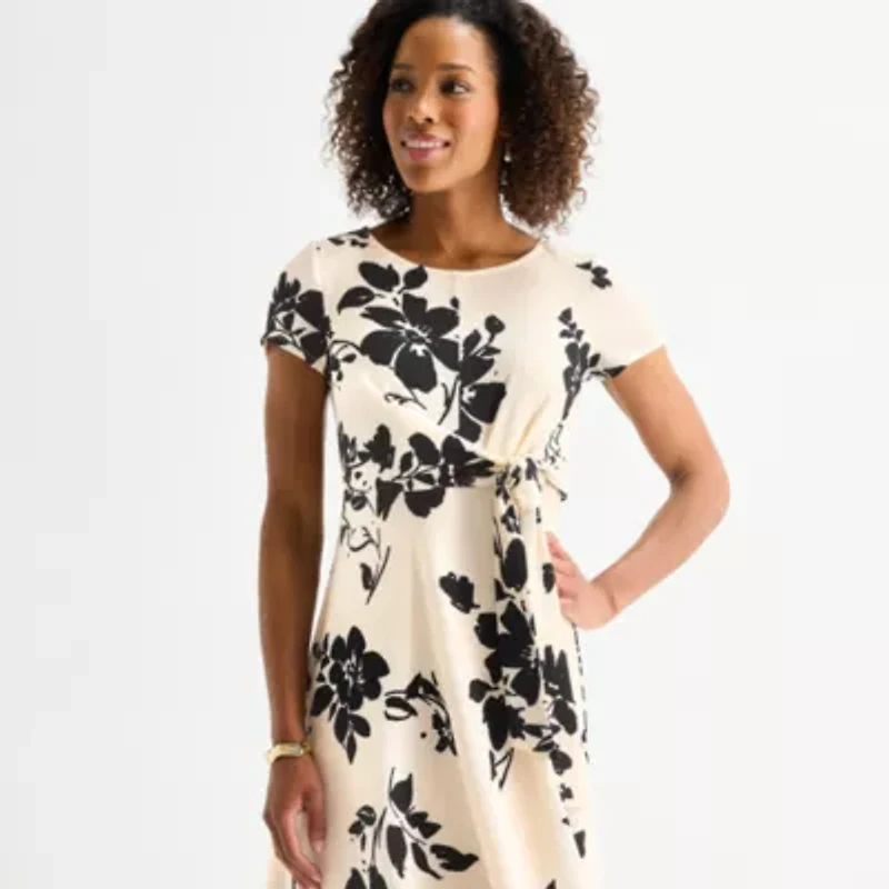 Perceptions Womens Short Sleeve Floral Midi Fit + Flare Dress