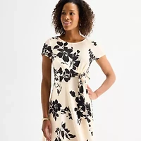 Perceptions Womens Short Sleeve Floral Midi Fit + Flare Dress