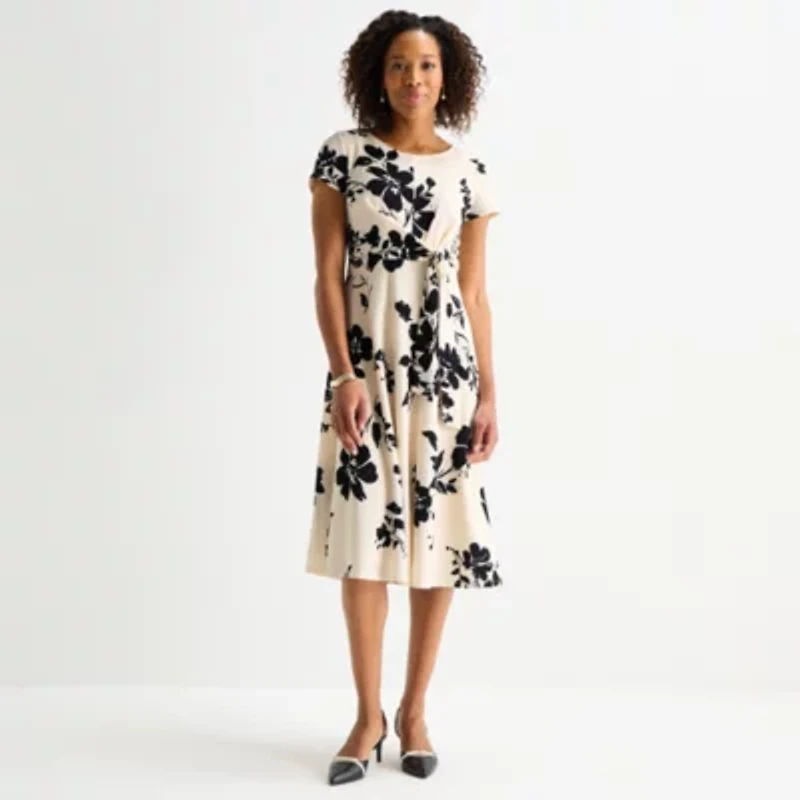 Perceptions Womens Short Sleeve Floral Midi Fit + Flare Dress