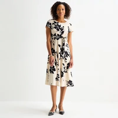 Perceptions Womens Short Sleeve Floral Midi Fit + Flare Dress