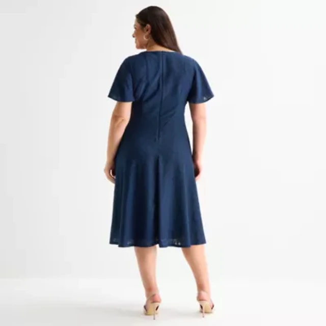 perceptions womens short sleeve midi fit flare dress Perceptions Womens Midi V Neck Short Sleeve Fit + Flare Dress, Color: Black