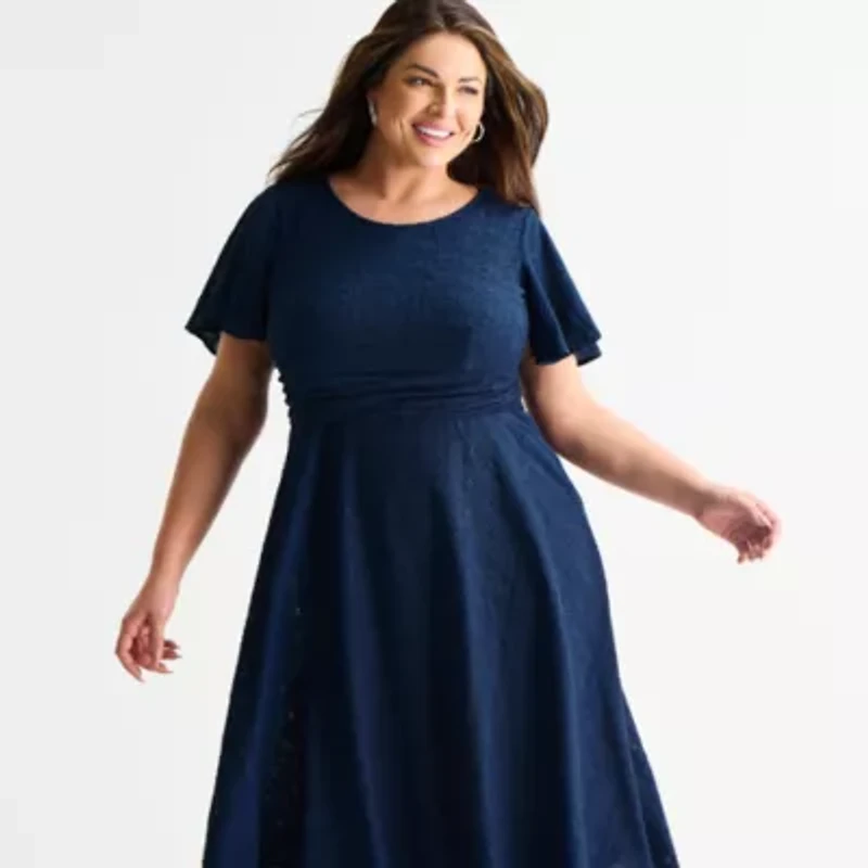 Perceptions Womens Plus Short Sleeve Lace Midi Fit + Flare Dress