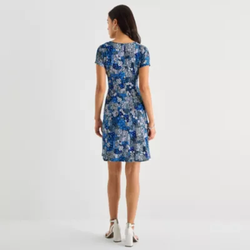 Perceptions Womens Petite Short Sleeve Floral Fit + Flare Dress