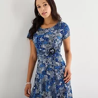 Perceptions Womens Petite Short Sleeve Floral Fit + Flare Dress