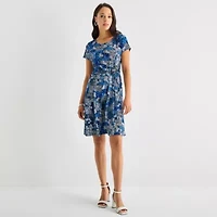 Perceptions Womens Petite Short Sleeve Floral Fit + Flare Dress