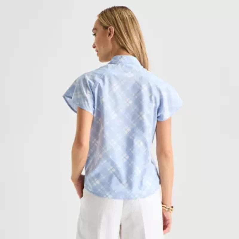 Liz Claiborne Womens Split Crew Neck Short Sleeve Blouse