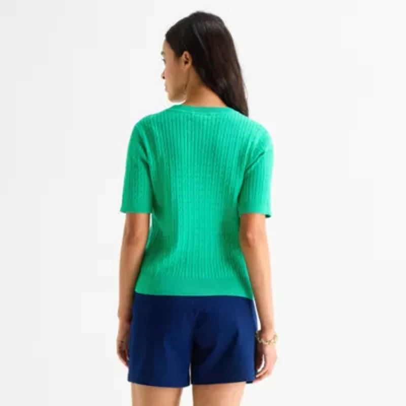 St. John's Bay Womens Crew Neck Short Sleeve Cable Knit Pullover Sweater
