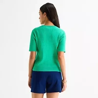 St. John's Bay Womens Crew Neck Short Sleeve Cable Knit Pullover Sweater