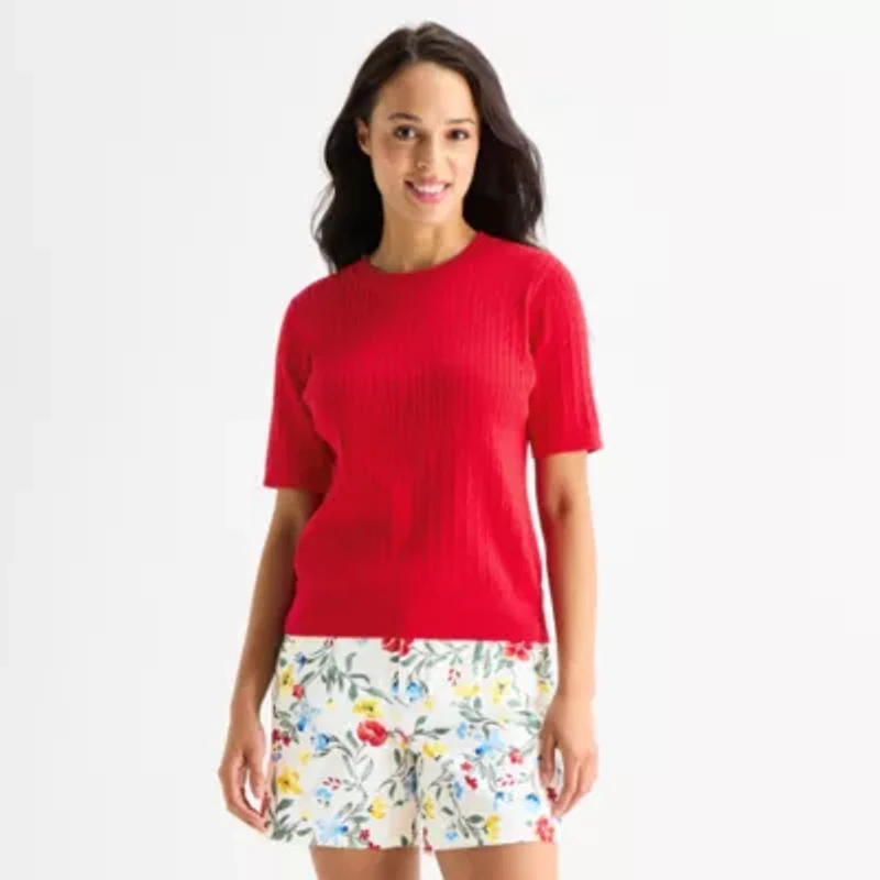 St. John's Bay Womens Crew Neck Short Sleeve Cable Knit Pullover Sweater