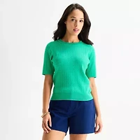 St. John's Bay Womens Crew Neck Short Sleeve Cable Knit Pullover Sweater