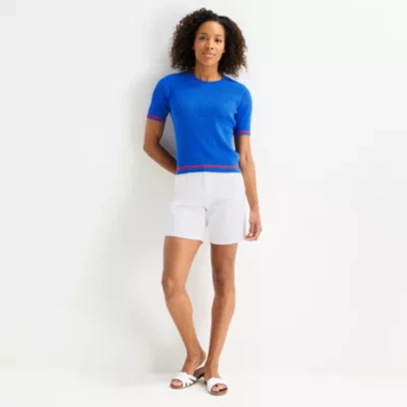 St. John's Bay Womens Crew Neck Short Sleeve Cable Knit Pullover Sweater