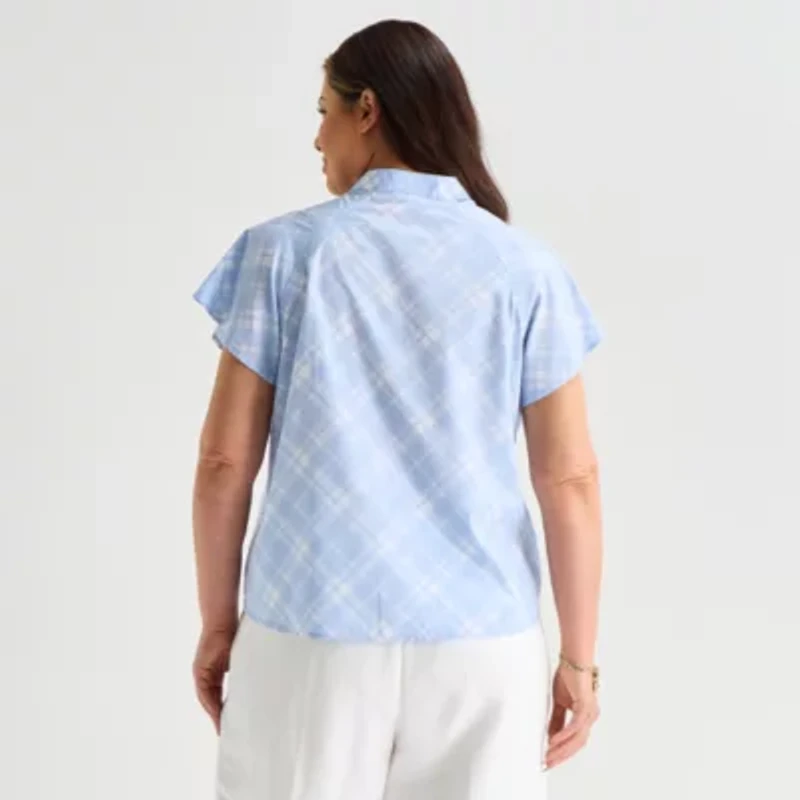 Liz Claiborne Womens Plus Split Crew Neck Short Sleeve Blouse