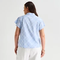 Liz Claiborne Womens Plus Split Crew Neck Short Sleeve Blouse