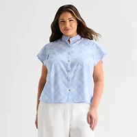Liz Claiborne Womens Plus Split Crew Neck Short Sleeve Blouse