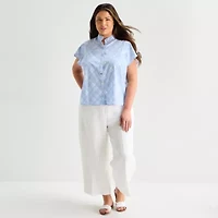 Liz Claiborne Womens Plus Split Crew Neck Short Sleeve Blouse