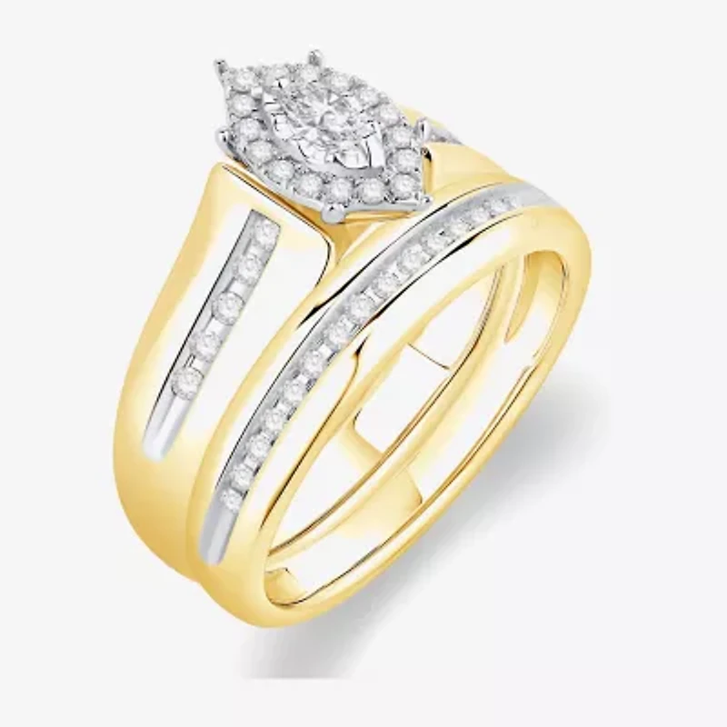 Unisex Adult 3/8 CT. T.W. Natural White Diamond 10K Gold Marquise Halo Side Stone Ring Set