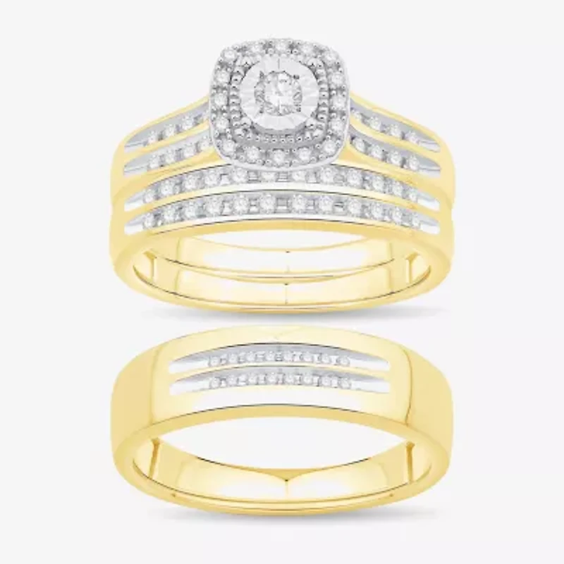 Unisex Adult 1/2 CT. T.W. Natural White Diamond 10K Gold Cushion Halo Side Stone Ring Set
