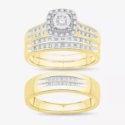 Unisex Adult 1/2 CT. T.W. Natural White Diamond 10K Gold Cushion Halo Side Stone Ring Set