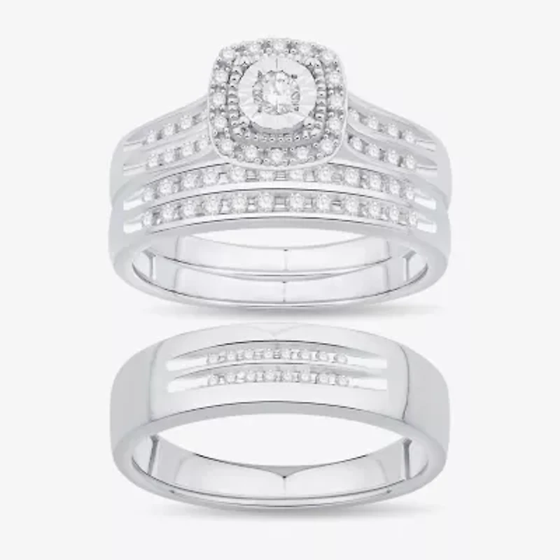 Unisex Adult 1/2 CT. T.W. Natural White Diamond 10K White Gold Cushion Halo Side Stone Ring Set
