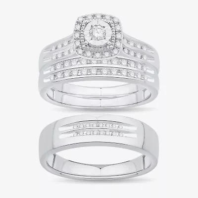 Unisex Adult 1/2 CT. T.W. Natural White Diamond 10K White Gold Cushion Halo Side Stone Ring Set