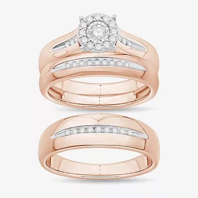 Unisex Adult 1/3 CT. T.W. Natural White Diamond 10K Rose Gold Round Halo Side Stone Ring Set