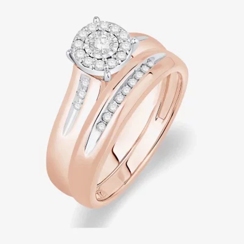 Unisex Adult 1/3 CT. T.W. Natural White Diamond 10K Rose Gold Round Halo Side Stone Ring Set