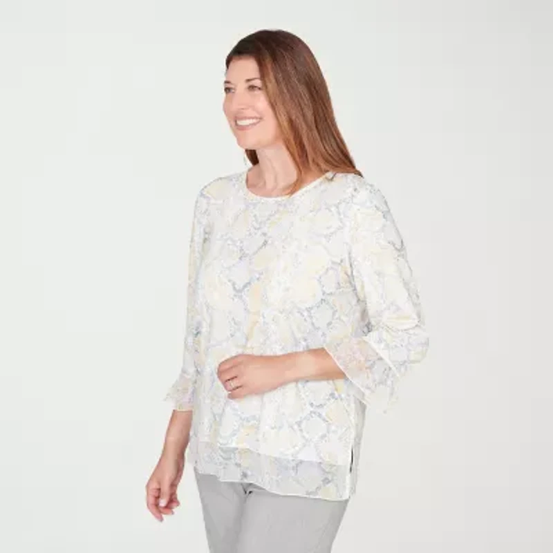 Alfred Dunner Al Fresco Womens Crew Neck 3/4 Sleeve Layered Top