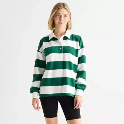 Xersion Womens Long Sleeve Relaxed Fit Striped Rugby Shirt