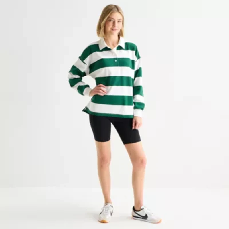 Xersion Womens Long Sleeve Relaxed Fit Striped Rugby Shirt