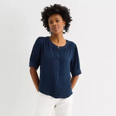 Liz Claiborne Womens Crew Neck Short Sleeve Blouse