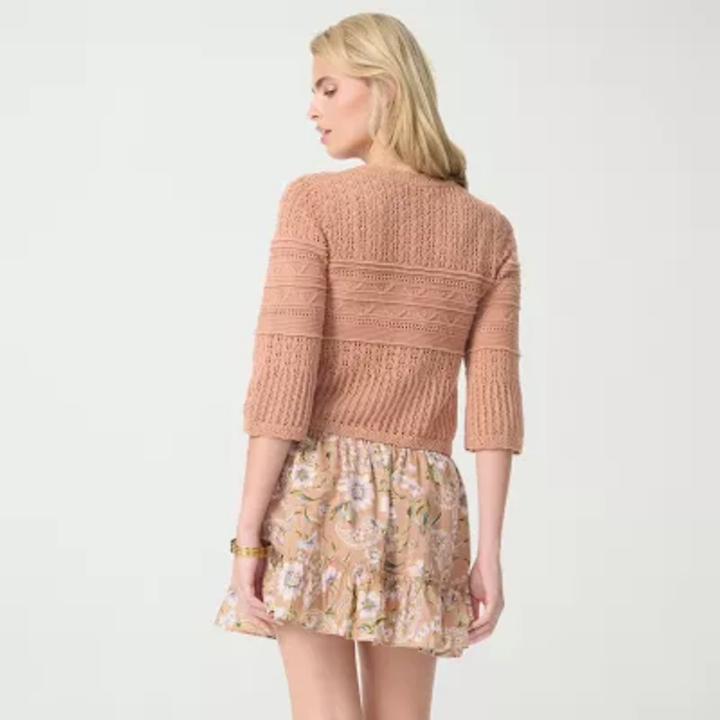 JS Jessica Simpson Womens Round Neck Elbow Sleeve Pullover Sweater