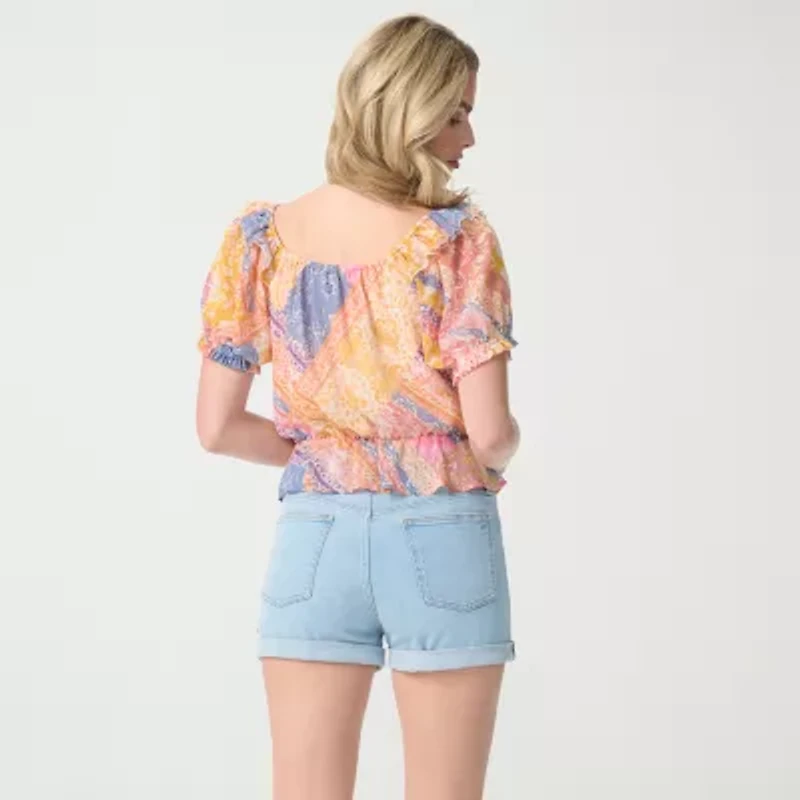 JS Jessica Simpson Womens Split Tie Neck Short Sleeve Peplum Top