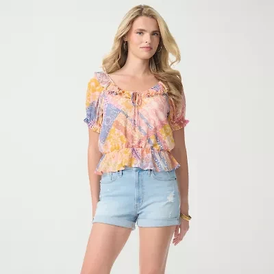 JS Jessica Simpson Womens Split Tie Neck Short Sleeve Peplum Top