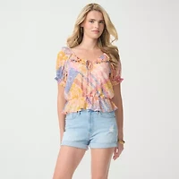 JS Jessica Simpson Womens Split Tie Neck Short Sleeve Peplum Top