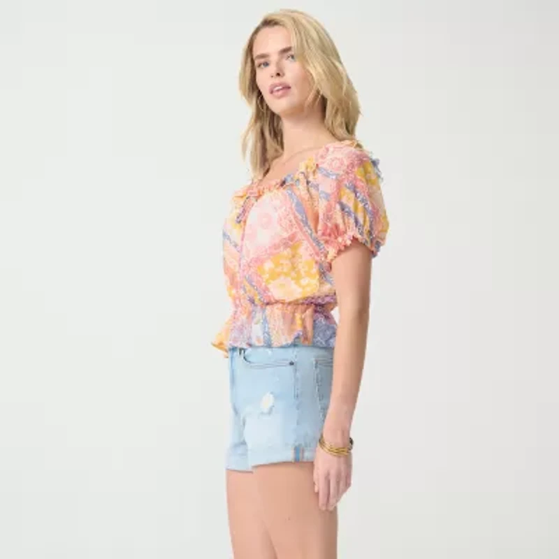 JS Jessica Simpson Womens Split Tie Neck Short Sleeve Peplum Top