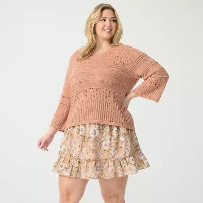 JS Jessica Simpson Plus Womens Round Neck 3/4 Sleeve Pullover Sweater