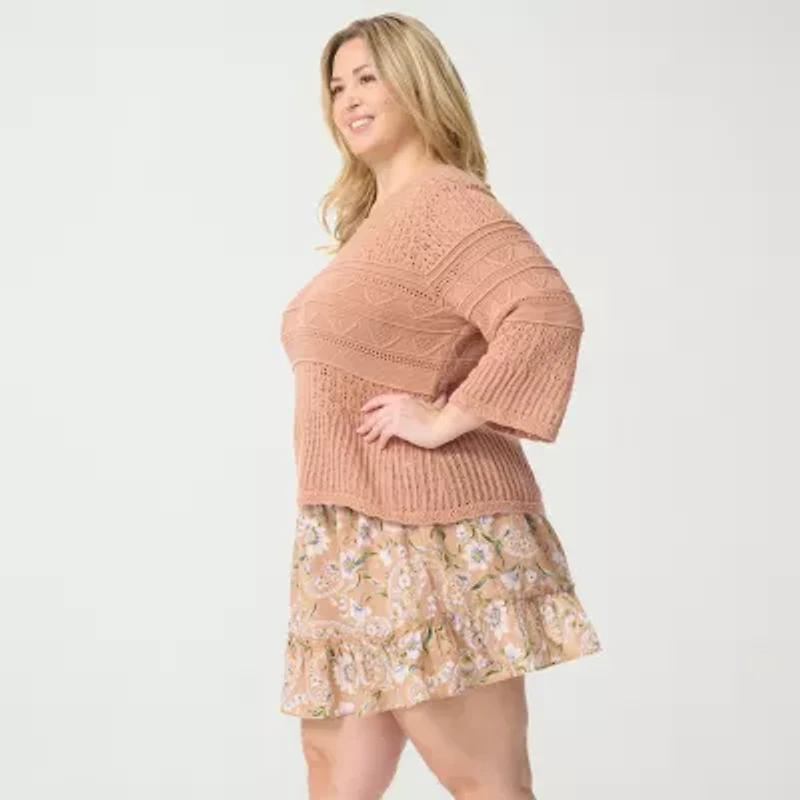 JS Jessica Simpson Plus Womens Round Neck 3/4 Sleeve Pullover Sweater