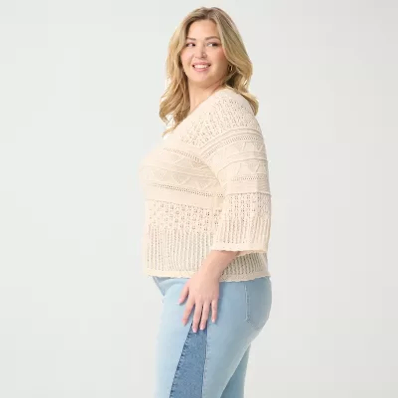 JS Jessica Simpson Plus Womens Round Neck 3/4 Sleeve Pullover Sweater