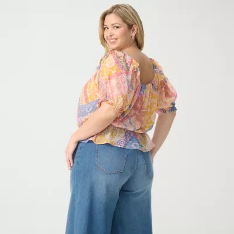 JS Jessica Simpson Womens Plus Round Neck Short Sleeve Peplum Top